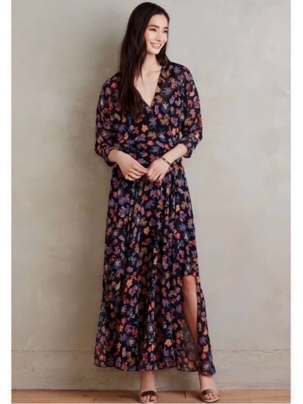 Anthropologie HD in Paris Varina Floral Maxi Dress V Neck Sheer Boho Black Blue